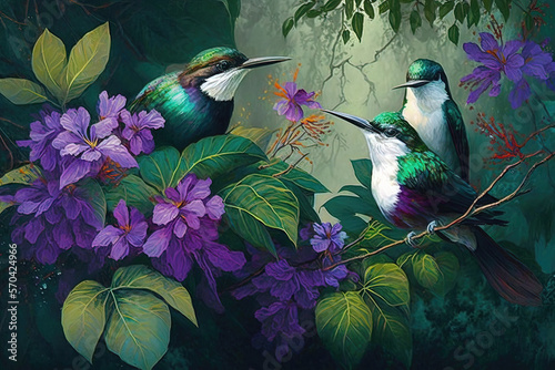 Forêt tropicale de Bali avec plusieurs oiseaux et fleurs colorés, plantes. Idéal pour les affiches, les papiers peints.