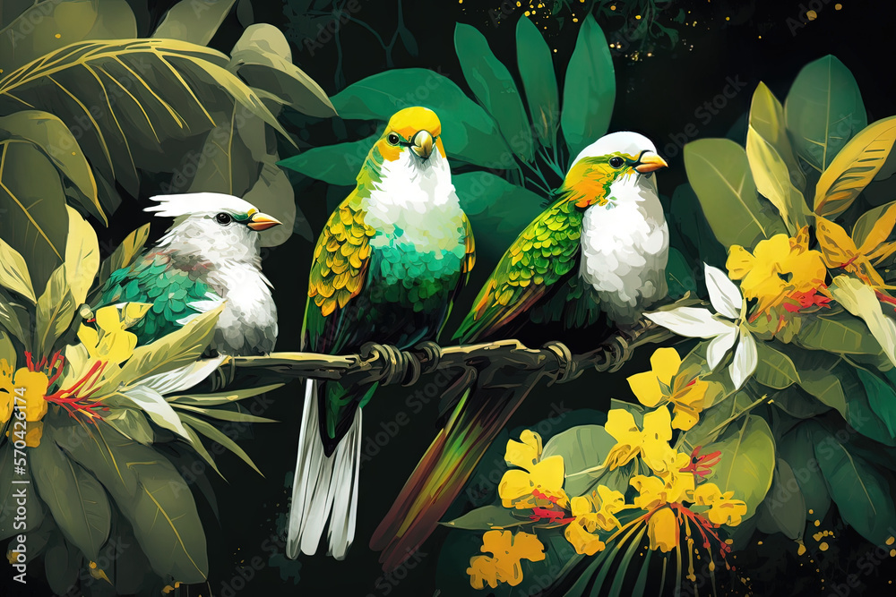 Forêt tropicale de Bali avec plusieurs oiseaux et fleurs colorés