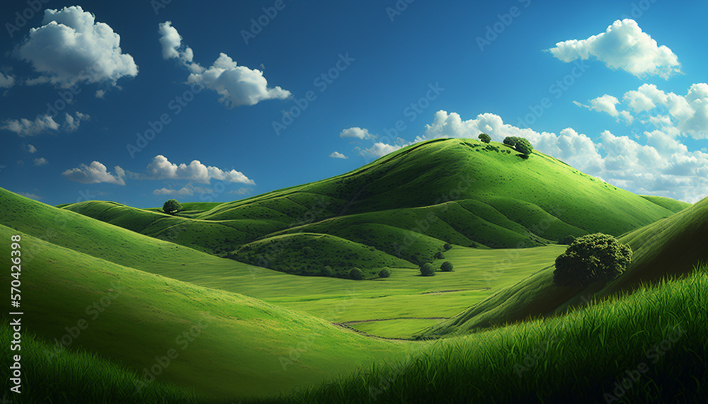Green hills and a blue sky with clouds. generative AI - obrazy, fototapety, plakaty 