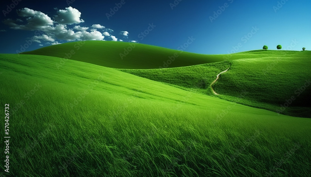 Green grassy hills and blue sky. generative AI