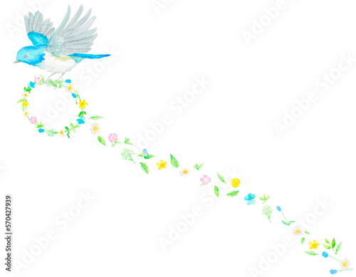 花輪を持って羽ばたく青い小鳥の水彩イラスト。舞い散るカラフルな花。