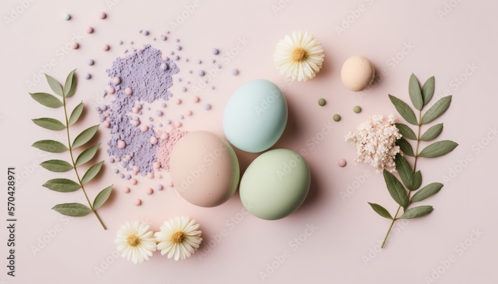 Minimalist, modern Easter background with flowers and Easter eggs in pastel colors with lots of free space from above