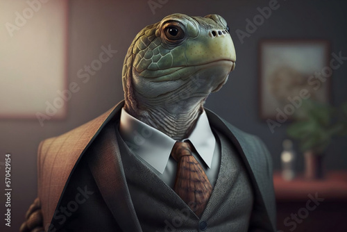Portrait of a Turtle Dressed in a Formal Business Suit at The Office, Boss Turtle, Generative Ai