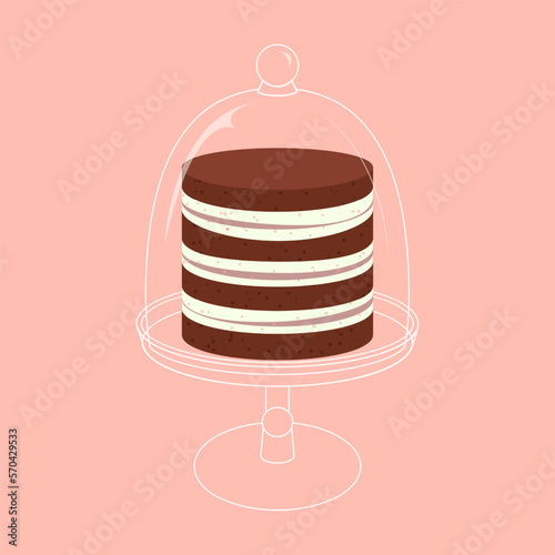 Cartoon birthday chocolate brownie cake on white empty stand for celebration design. Colorful cartoon vector illustration. Sweet holiday food.