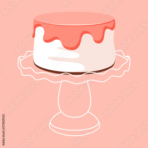 Cartoon birthday white cheese cake with pink icing on white empty stand for celebration design. Colorful cartoon vector illustration. Sweet holiday food. © Ira Kozhevnikova