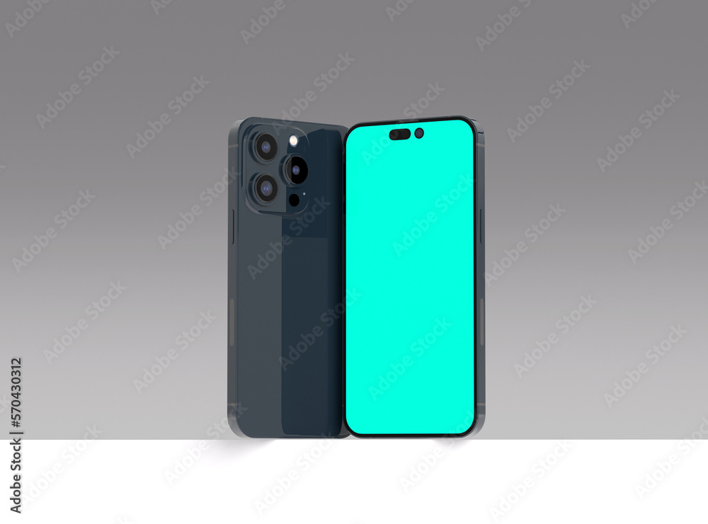 Smartphone 14 pro max mockup for App and Website UI branding. 2 Phones in front and back side. 3D render Smartphone 14 pro max mockup for App and Website UI branding. 2 Phones in front and back side. 3D render