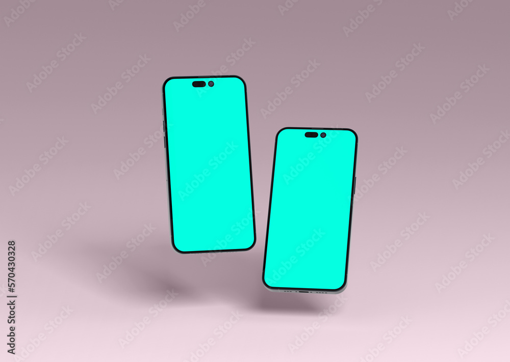Smartphones 14 pro max mockup for App and Website UI branding. 2 Phones in front side. 3D render