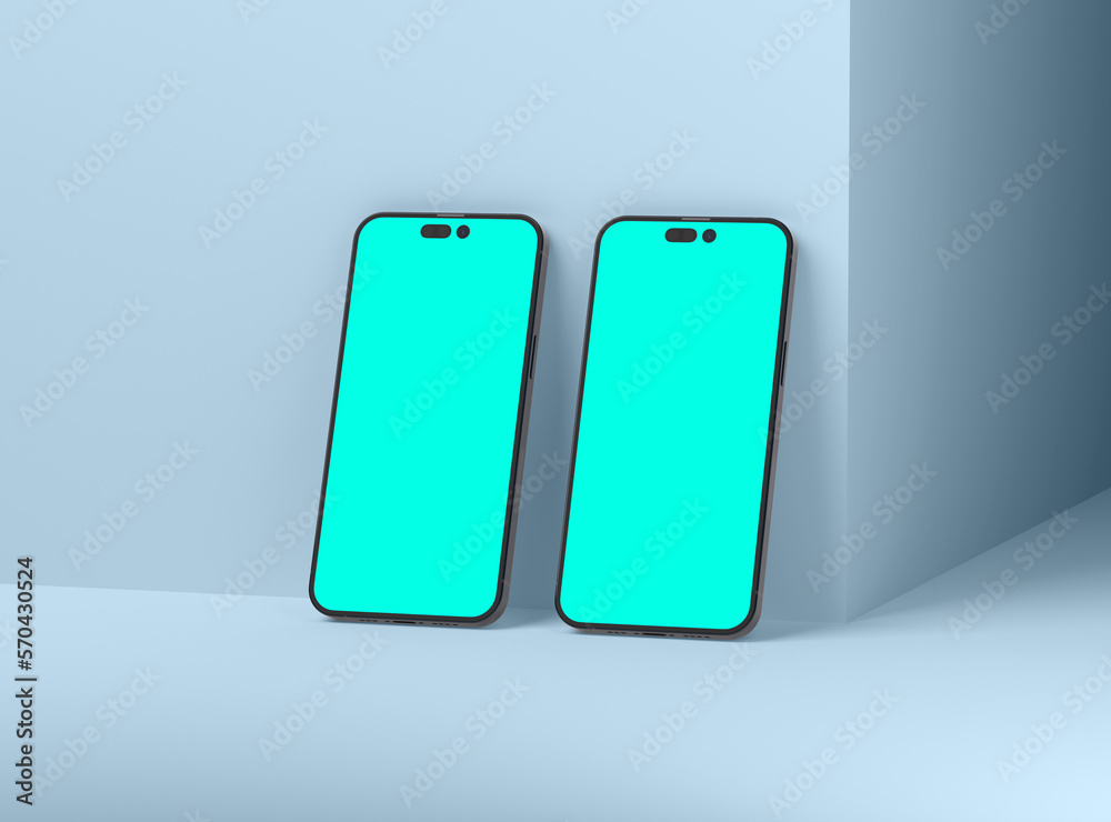 Two smartphones 14 pro max mockup for App and Website UI branding. 2 Phones in front and back side. 3D render Two smartphones 14 pro max mockup for App and Website UI branding. 2 Phones in front and back side. 3D render