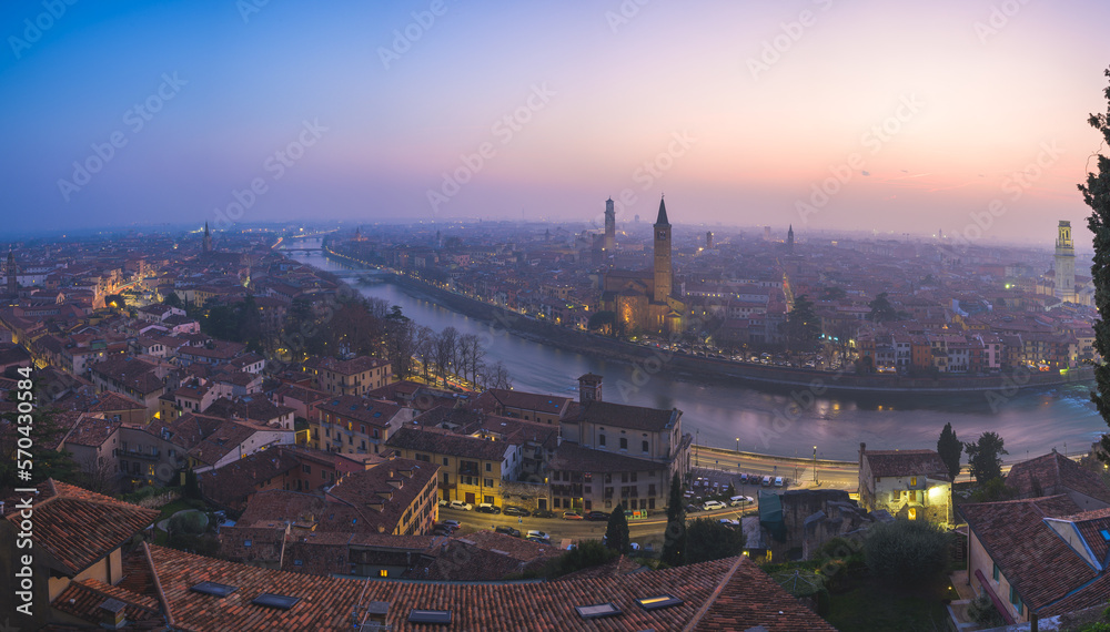 Ciy of Verona and Adige river aerial view, tourist destination in Veneto region of Italy