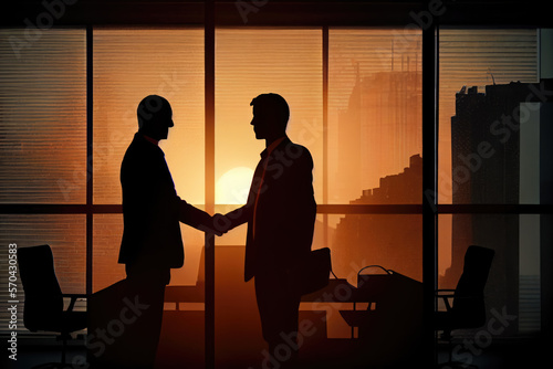 Silhouettes of two man shaking hand in the office. Generative AI