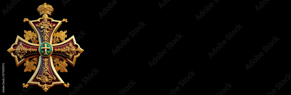 A close up illustration of the most beautiful ornate papal gold catholic Christian cross with decorative ornaments isolated on a black background, copy space, created with Generative AI technology A close up illustration of the most beautiful ornate papal gold catholic Christian cross with decorative ornaments isolated on a black background, copy space, created with Generative AI technology