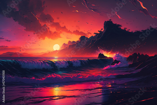 Colorful synthwave sunset illustration, generative ai © bradaricpublic