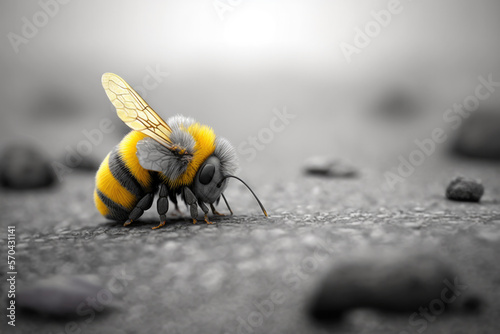 yellow bee alone in a grey dull and withered world. bees getting extinct concept, generative AI
