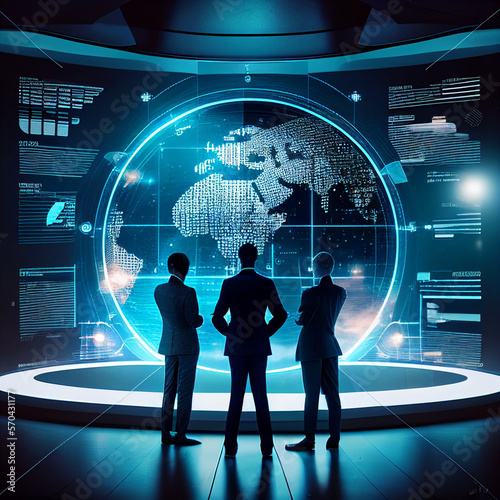 Businessman succeeds working with his team as a concept with a virtual digital dashboard interface with metaverse digital cyber world technology The actual and virtual worlds intersected.