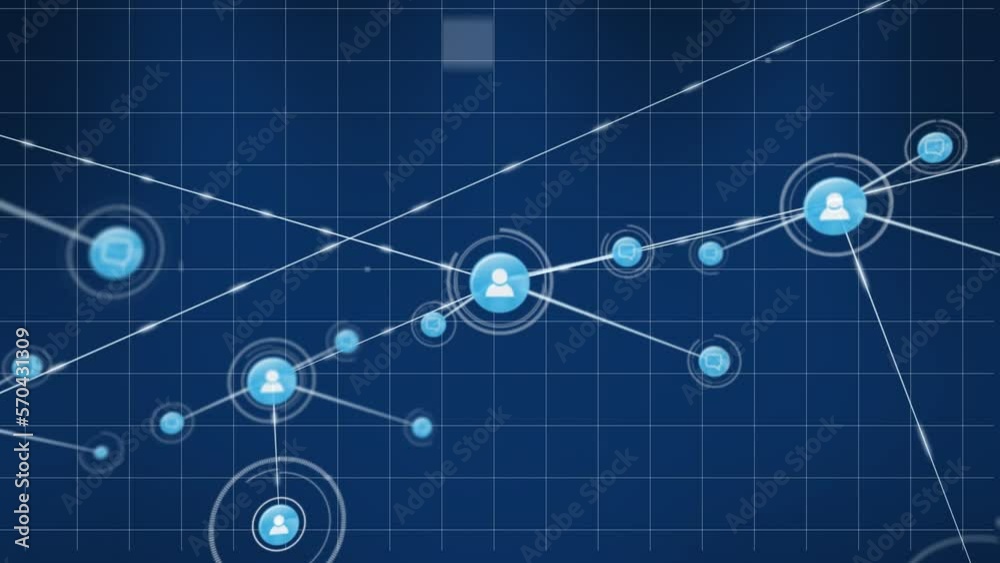 Animation of icons connected with lines over falling squares on grid pattern against blue background Animation of icons connected with lines over falling squares on grid pattern against blue background