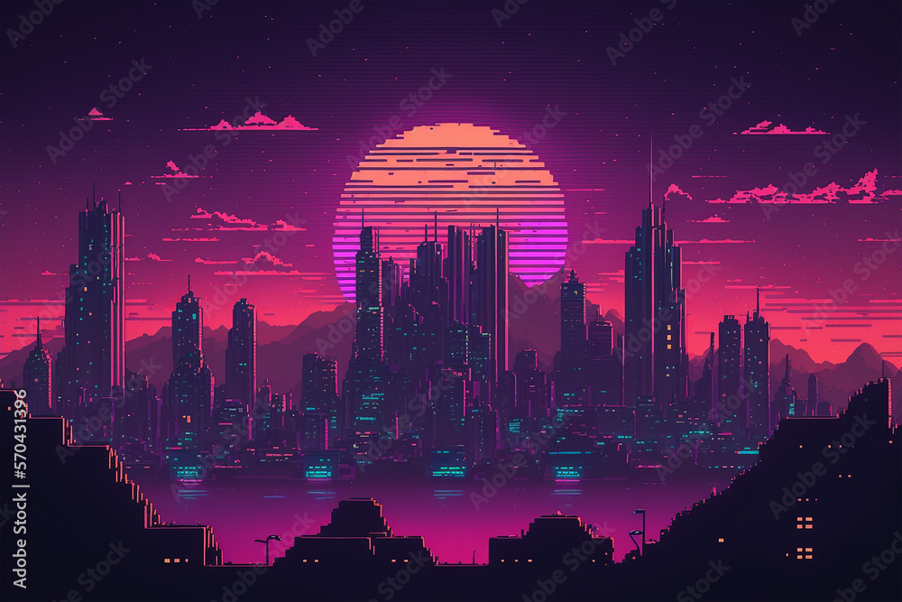 Synthwave poster of city, pixel art, illustration, generative ai
