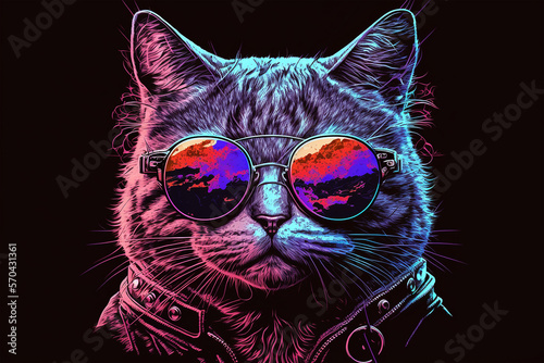 portrait of a cat wearing sunglasses, retro synthwave style illustration, generative ai © bradaricpublic