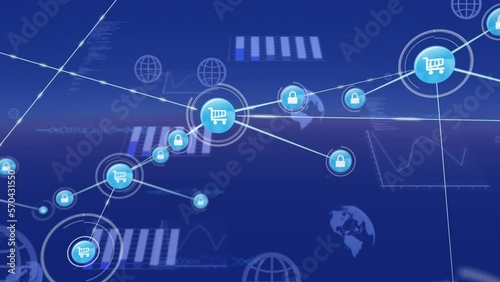 Wallpaper Mural Animation of network of digital icons and screens with data processing against blue background Torontodigital.ca