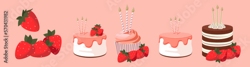 Cartoon birthday cake cupcake with strawberry and candles stand for celebration design. Colorful cartoon vector illustration. Sweet holiday food.