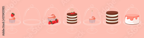 Cartoon birthday cake cupcake with strawberry and candles stand for celebration design. Colorful cartoon vector illustration. Sweet holiday food.