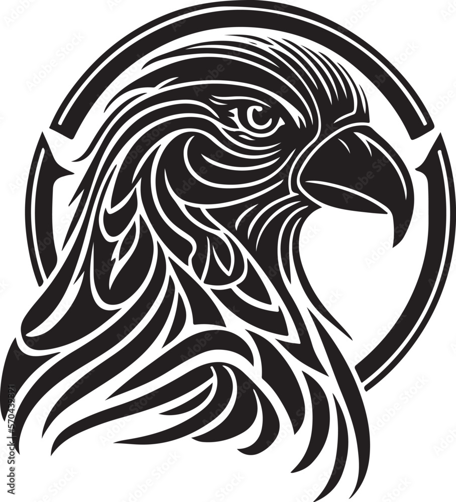 Parrot Head Logo with ornament. Line Art Illustration