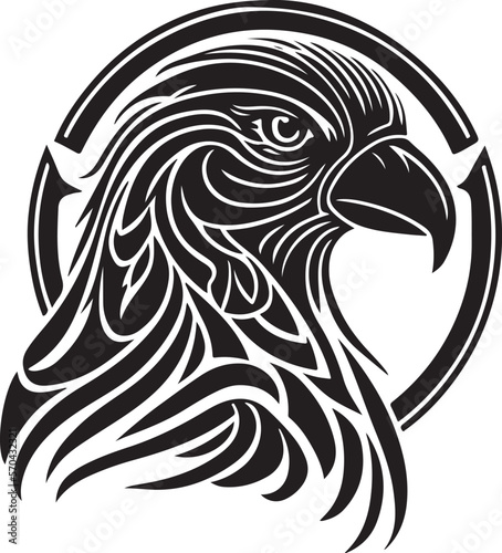 Parrot Head Logo with ornament. Line Art Illustration