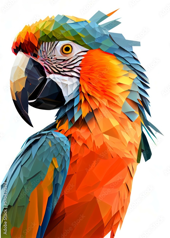 Fototapeta premium Polygonal Illustration head of macaw bird_with wings. On a White Background generative ai