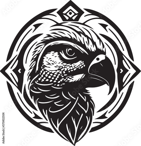 Parrot Head Logo with ornament. Line Art Illustration
