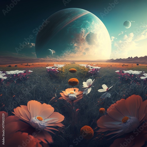field with flowers and a vieuw of another planet inage 2023 photo