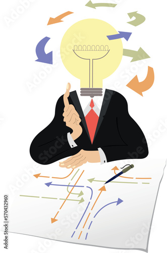 Business idea, knowledge exchange, successful work. 
Idea lamp concept. Thinking businessman with a light bulb instead head thinking how to settle the problem or creates new ideas
