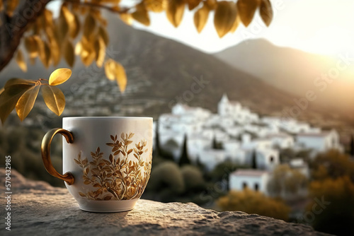 Cup of coffee or tea on the background of Greek landscape. Based on Generative AI