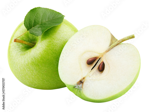 Ripe green apple fruit with apple half and green leaf isolated on transparent background photo