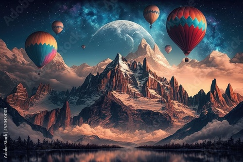 Fantasy moon lit sky with mountains and hot air balloons, ai