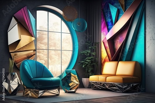 Colorful, futuristic room with glass and metallic textures, 3d rendering, ai