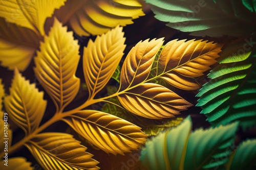 Spring leaves in a background pattern 3d rendering in green and yellow, ai