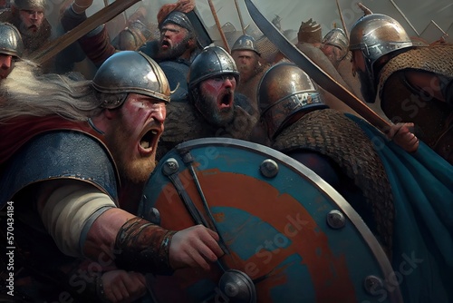 Vikings, Normans warriors and generals fighting on the battlefield, epic battle scene. Generative AI.