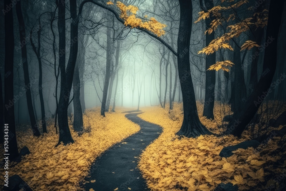 foggy, autumn, mysterious forest with pathway forward