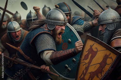 Vikings, Normans warriors and generals fighting on the battlefield, epic battle scene. Generative AI.