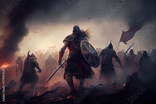 Vikings, Normans warriors and generals fighting on the battlefield, epic battle scene. Generative AI. photo