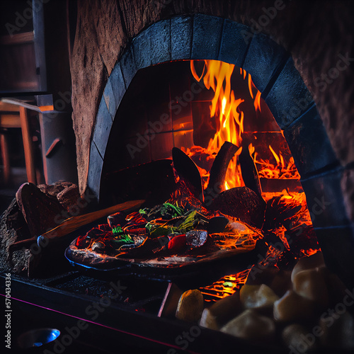 wood oven with roasting meat AI
