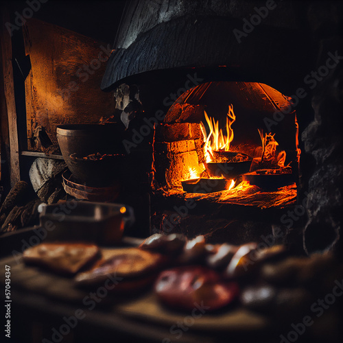 wood oven with roasting meat AI