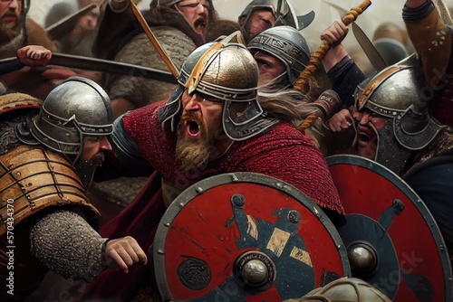 Vikings, Normans warriors and generals fighting on the battlefield, epic battle scene. Generative AI.