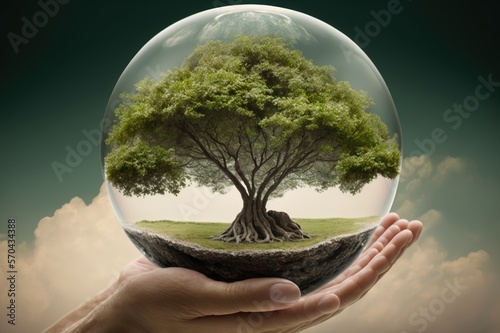 hands holding globe with tree in it, 3d render, ai