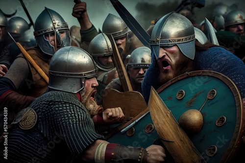 Vikings, Normans warriors and generals fighting on the battlefield, epic battle scene. Generative AI.
