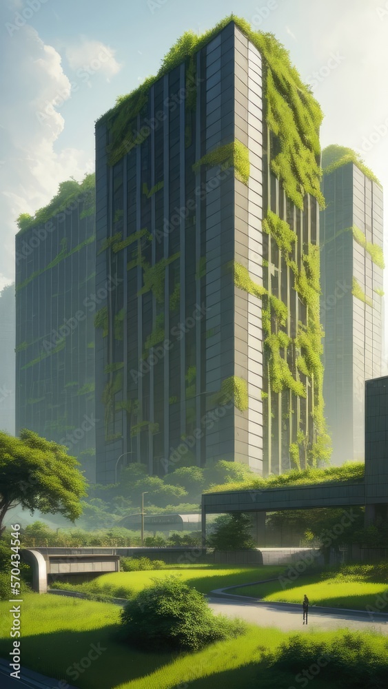 Fototapeta premium An overgrown green metropolis. People have left the city. Postapocalypse