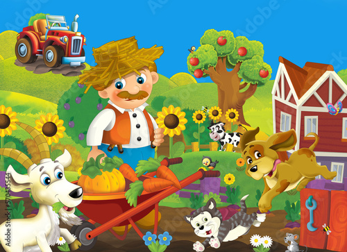 Fototapeta Naklejka Na Ścianę i Meble -  cartoon farm ranch scene with farmer boy different animals and pumpkins illustration for children