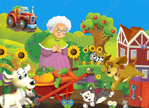 cartoon farm ranch scene with farmer woman girl different animals illustration for children