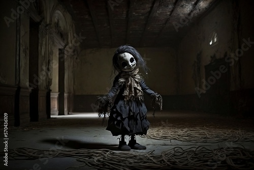 Sinister Smiling Demonic Doll Standing in an Old Dark Shadowy House Generative AI