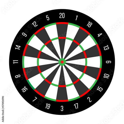 Official dartboard with numbers in 20 radial sections, double rings, triple ring, inner and outer bullseye. Simple flat vector illustration