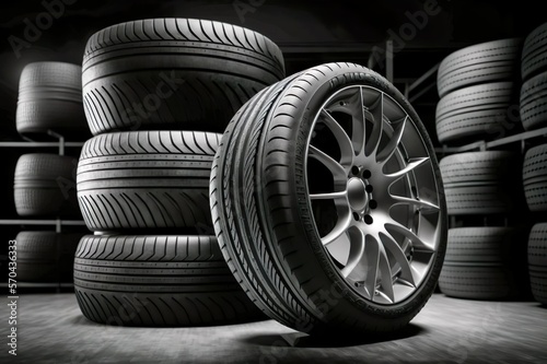 Car wheels, new tires on a dark background. ai generated.